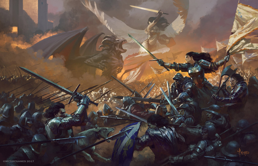 angel, armor, battle, battlefield, bayard_wu, breastplate, demon, dog