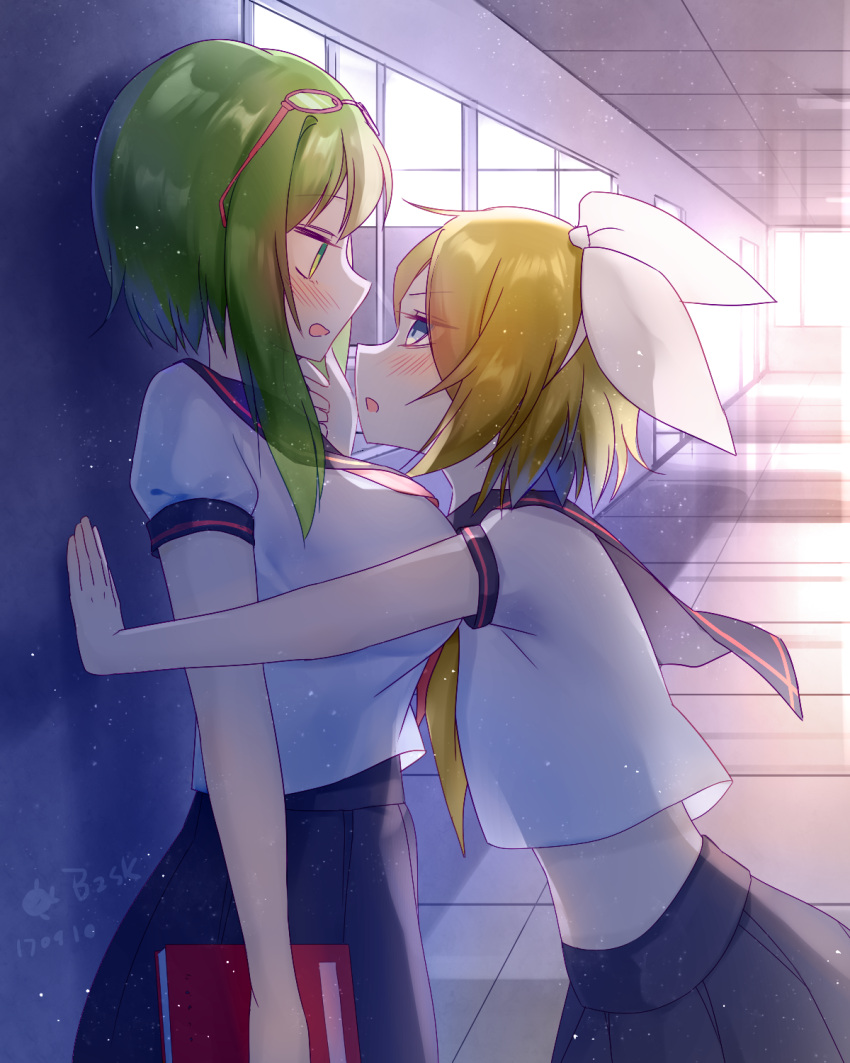 >:o, 2girls, :o, against_wall, alternate_costume, artist_name, backlighting, baozishark