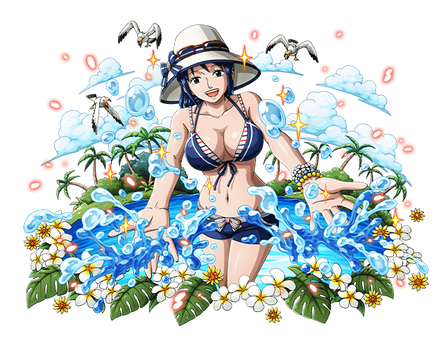 1girl, bikini, bikini_shorts, bird, black_eyes, blue_bikini, blue_hair, bodskih, bracelet, breasts, cleavage, collarbone, cowboy_shot, glasses_on_hat, groin, hat, jewelry, looking_at_viewer, navel, one_piece, outstretched_arms, shiny, shiny_skin, short_hair, shorts, solo, standing, sun_hat, swimsuit, tashigi, transparent_background, white_flower
