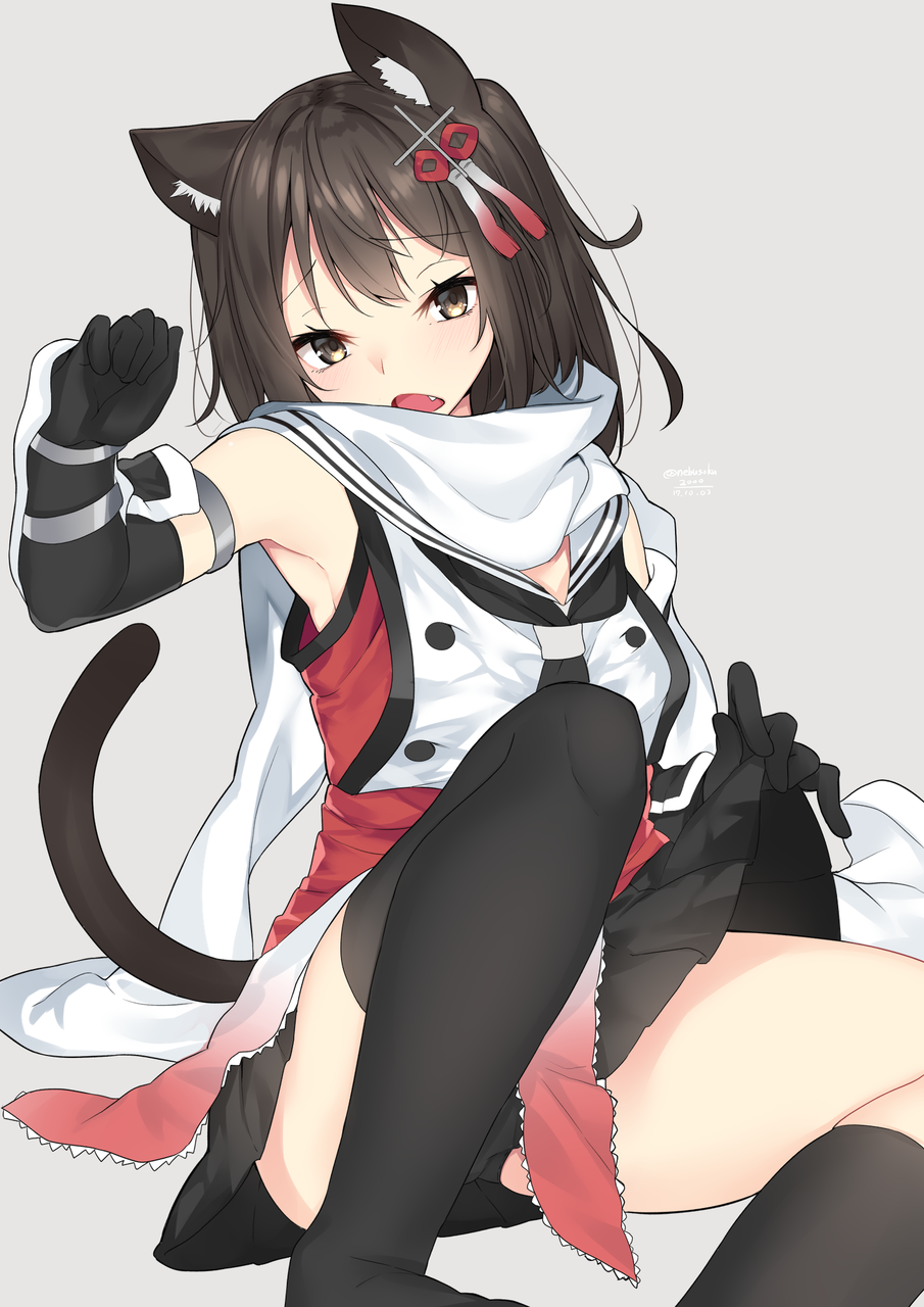 1girl, animal_ears, armlet, asymmetrical_legwear, black_gloves, black_hair, black_legwear, black_neckwear