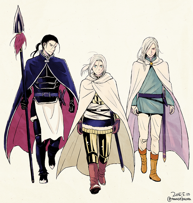 2015, 3boys, arslan, arslan_senki, black_gloves, black_hair, blue_shirt, brown_footwear