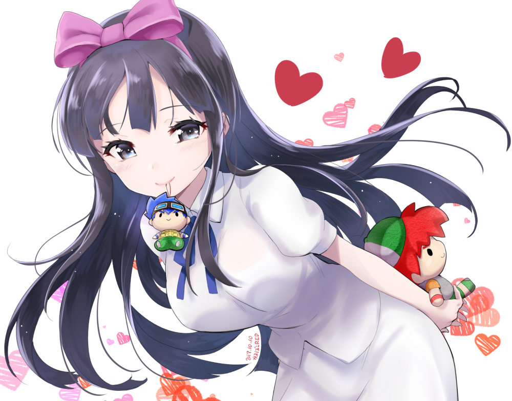 1girl, bakusou_kyoudai_let's_&amp;_go!!, bangs, black_eyes, black_hair, blunt_bangs, blush, bow, breasts, character_doll, dated, doll, hair_bow, hair_ribbon, hairband, kamaboko_red, leaning_forward, long_hair, looking_at_viewer, medium_breasts, mikuni_chiiko, mouth_hold, older, puffy_short_sleeves, puffy_sleeves, ribbon, seiba_gou, seiba_retsu, short_sleeves, signature, simple_background, skirt, smile, solo, stuffed_toy