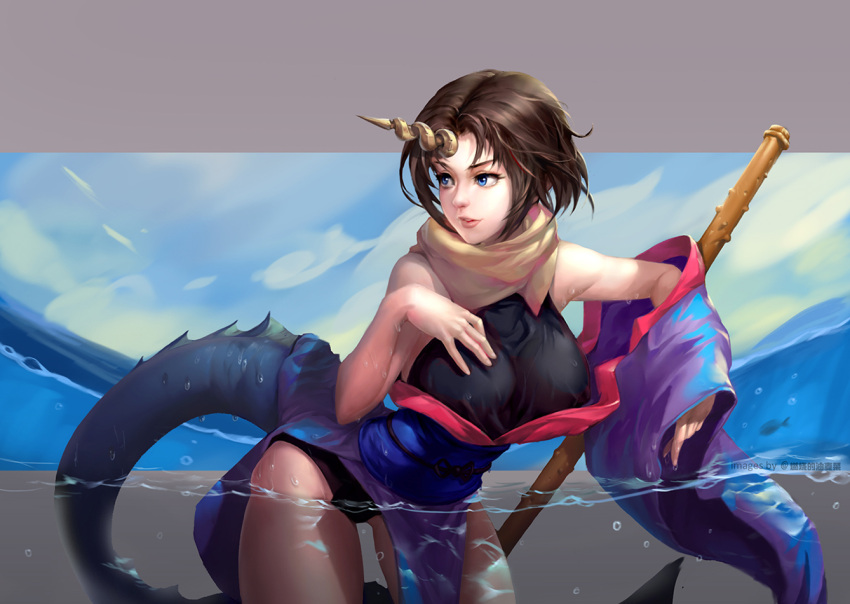 1girl, artist_request, bare_arms, bare_shoulders, blue_eyes, breasts, brown_hair, closed_mouth