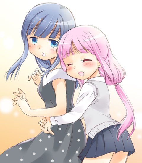 2girls, bangs, blue_eyes, blue_hair, dress, hug, hug_from_behind, long_hair