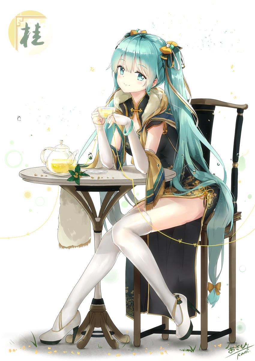 1girl, aqua_eyes, aqua_hair, bangs, bracelet, chair, china_dress, chinese_clothes