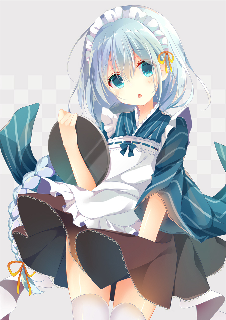 1girl, :o, apron, blue_eyes, blue_kimono, blush, braid, brown_skirt, checkered, checkered_background, commentary_request, cowboy_shot, frilled_apron, frills, grey_background, head_tilt, highres, hiyuki-chan, holding, holding_tray, japanese_clothes, kimono, long_hair, looking_at_viewer, low_twintails, maid_apron, maid_headdress, orange_ribbon, parted_lips, ribbon, shiiba_nae, short_kimono, short_sleeves, silver_hair, simple_background, skirt, solo, sound_voltex, standing, striped, striped_kimono, thigh-highs, tray, twin_braids, twintails, very_long_hair, wa_maid, white_apron, white_legwear, wide_sleeves