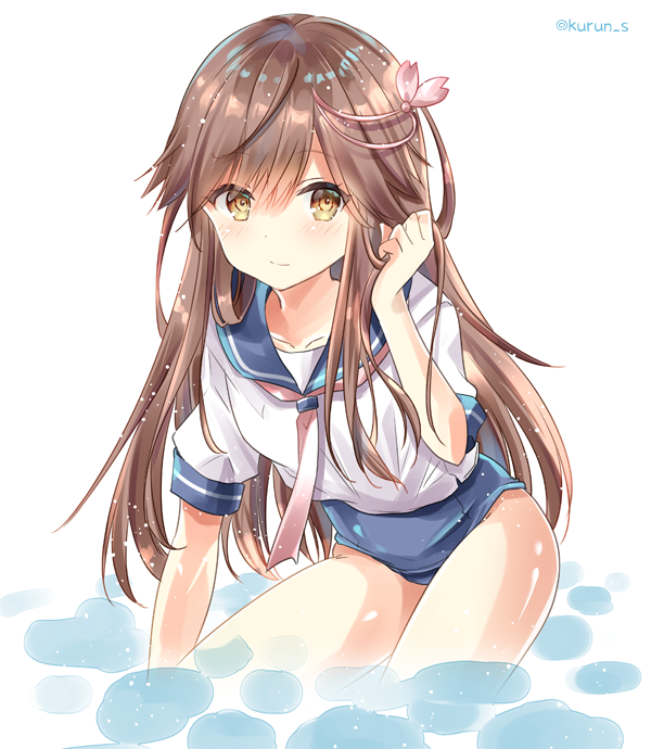 1girl, arashio_(kantai_collection), bow, bowtie, brown_eyes, brown_hair, cosplay, cowboy_shot, hair_ornament, i-58_(kantai_collection), i-58_(kantai_collection)_(cosplay), kantai_collection, kurun_(kurun777), long_hair, looking_at_viewer, neckerchief, no_pants, partially_submerged, pink_neckwear, school_swimsuit, school_uniform, serafuku, simple_background, solo, swimsuit, swimsuit_under_clothes, twitter_username, water, white_background