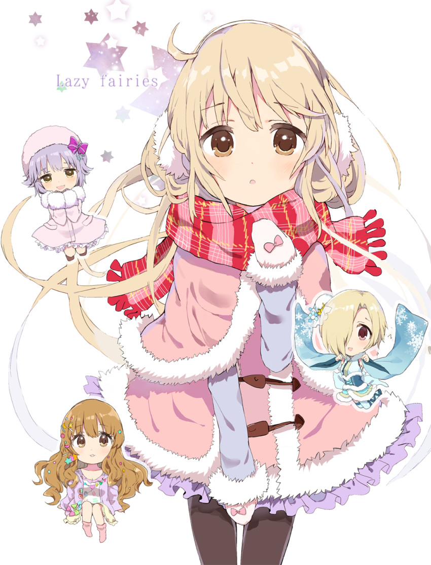 4girls, ahoge, black_legwear, blonde_hair, caracorn, chibi, earmuffs, enpera