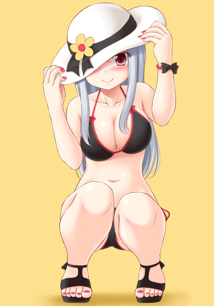 1girl, bangs, bikini, black_bikini, blunt_bangs, breasts, cleavage, covering_one_eye