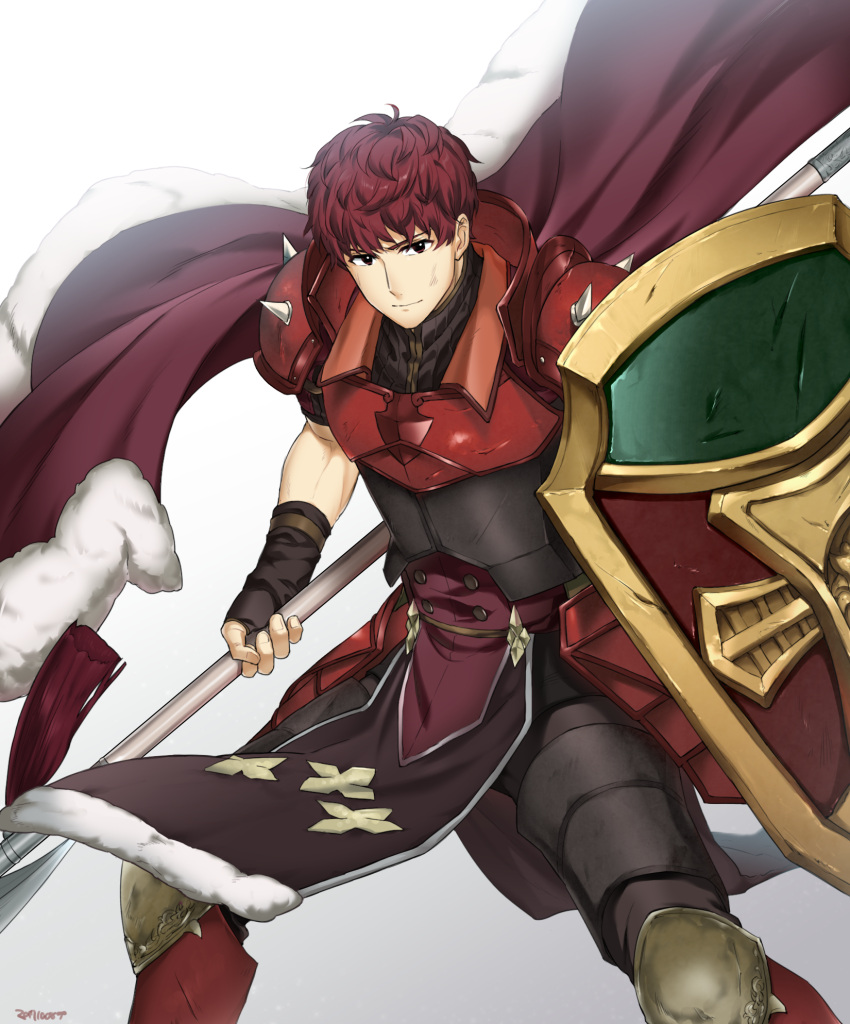 1boy, armor, armored_boots, boots, cape, dated, fingerless_gloves, fire_emblem