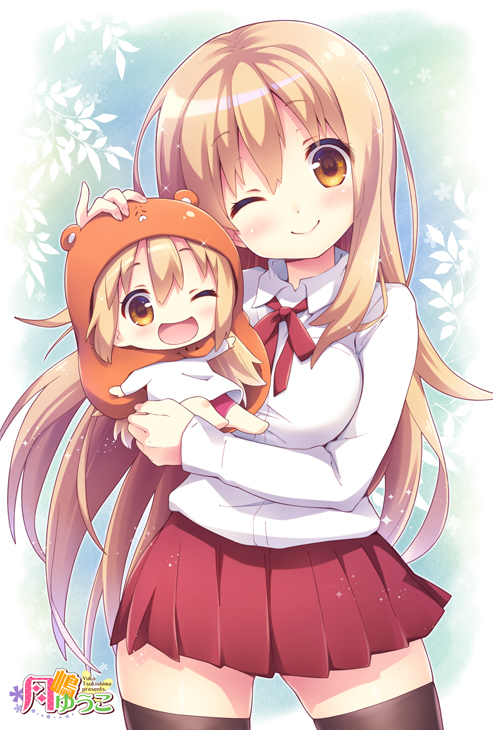 2girls, :d, black_legwear, blonde_hair, breasts, brown_eyes, doma_umaru, hamster_costume, himouto!_umaru-chan, komaru, long_hair, looking_at_viewer, medium_breasts, minigirl, multiple_girls, one_eye_closed, open_mouth, school_uniform, skirt, smile, thigh-highs, time_paradox, tsukishima_yuuko, zettai_ryouiki