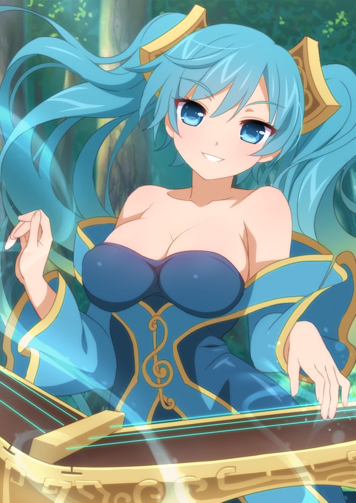 1girl, bare_shoulders, blue_eyes, breasts, collarbone, commentary, day, dress