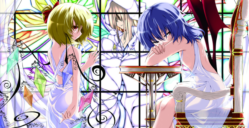 bat_wings, blonde_hair, blue_hair, dress, flandre_scarlet, multiple_girls, red_eyes, remilia_scarlet