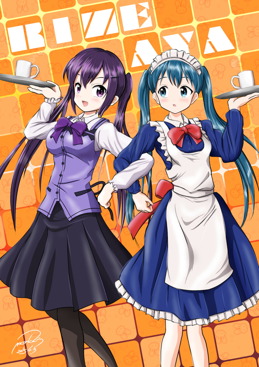2girls, :d, :o, apron, bangs, black_legwear, black_skirt, blue_dress