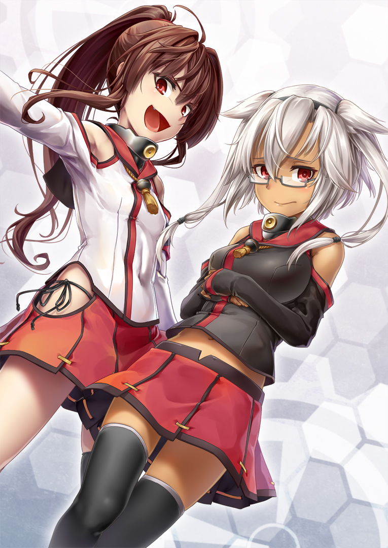 >:d, 2girls, :d, bare_shoulders, black_legwear, breasts, brown_hair, commentary_request, fang, from_below, kantai_collection, large_breasts, long_hair, looking_at_viewer, maruyama_kurehiro, midriff, multiple_girls, musashi_(kantai_collection), navel, open_mouth, pleated_skirt, ponytail, red_eyes, red_skirt, semi-rimless_glasses, silver-framed_eyewear, skirt, small_breasts, smile, tan, thigh-highs, white_hair, yamato_(kantai_collection), younger