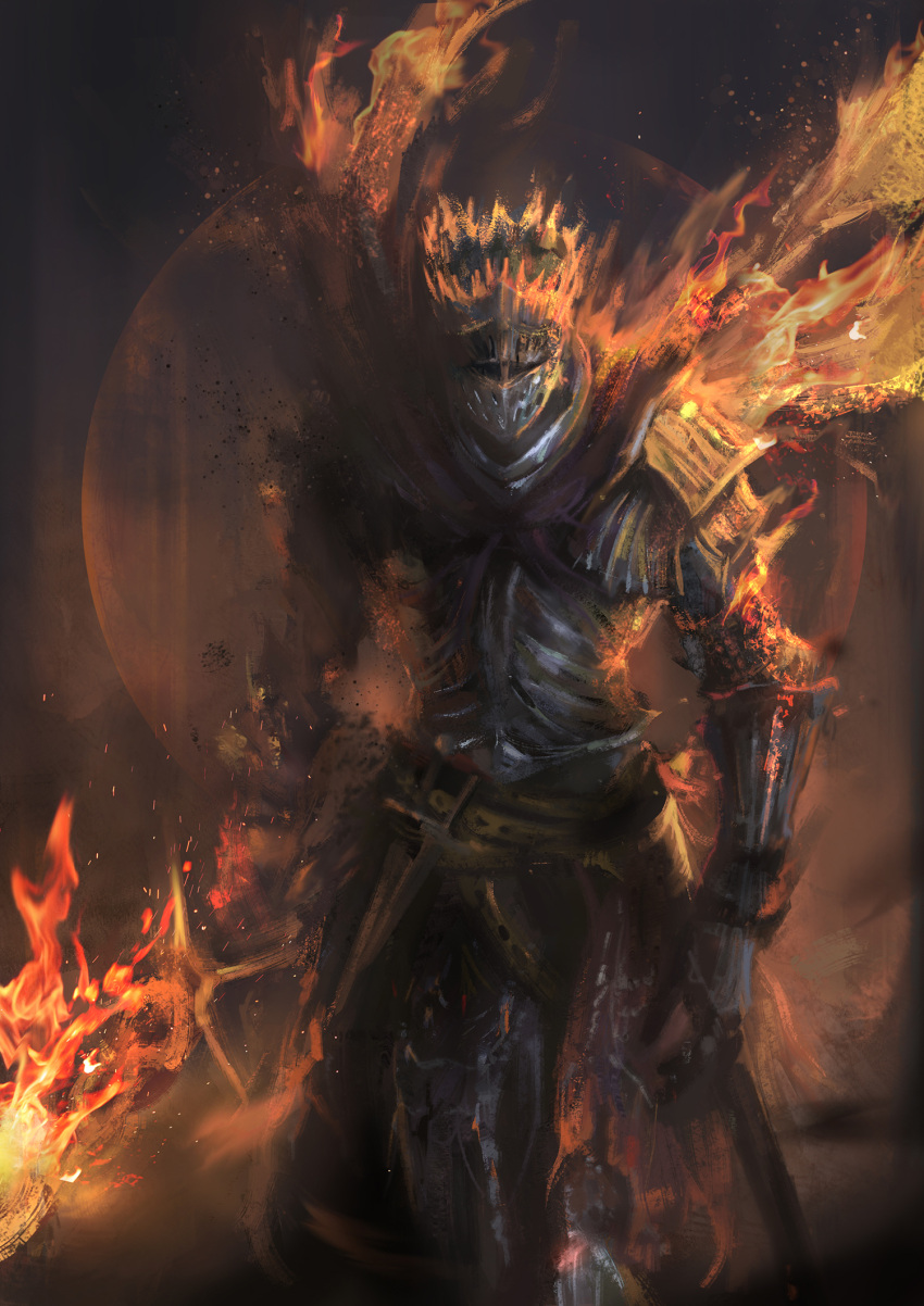 1boy, armor, burning, cape, crown, dark_souls_iii, fire, full_armor