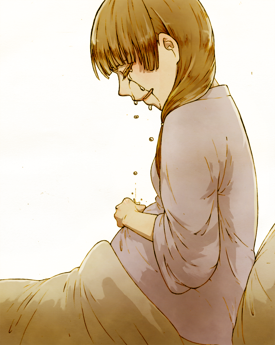 1girl, bed, brown_hair, closed_eyes, commentary_request, crying, eyelashes, from_side