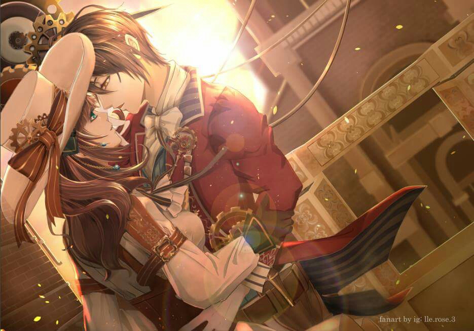 1boy, 1girl, arsene_lupin_(code:realize), artist_name, bow, brown_bow, brown_eyes, brown_hair