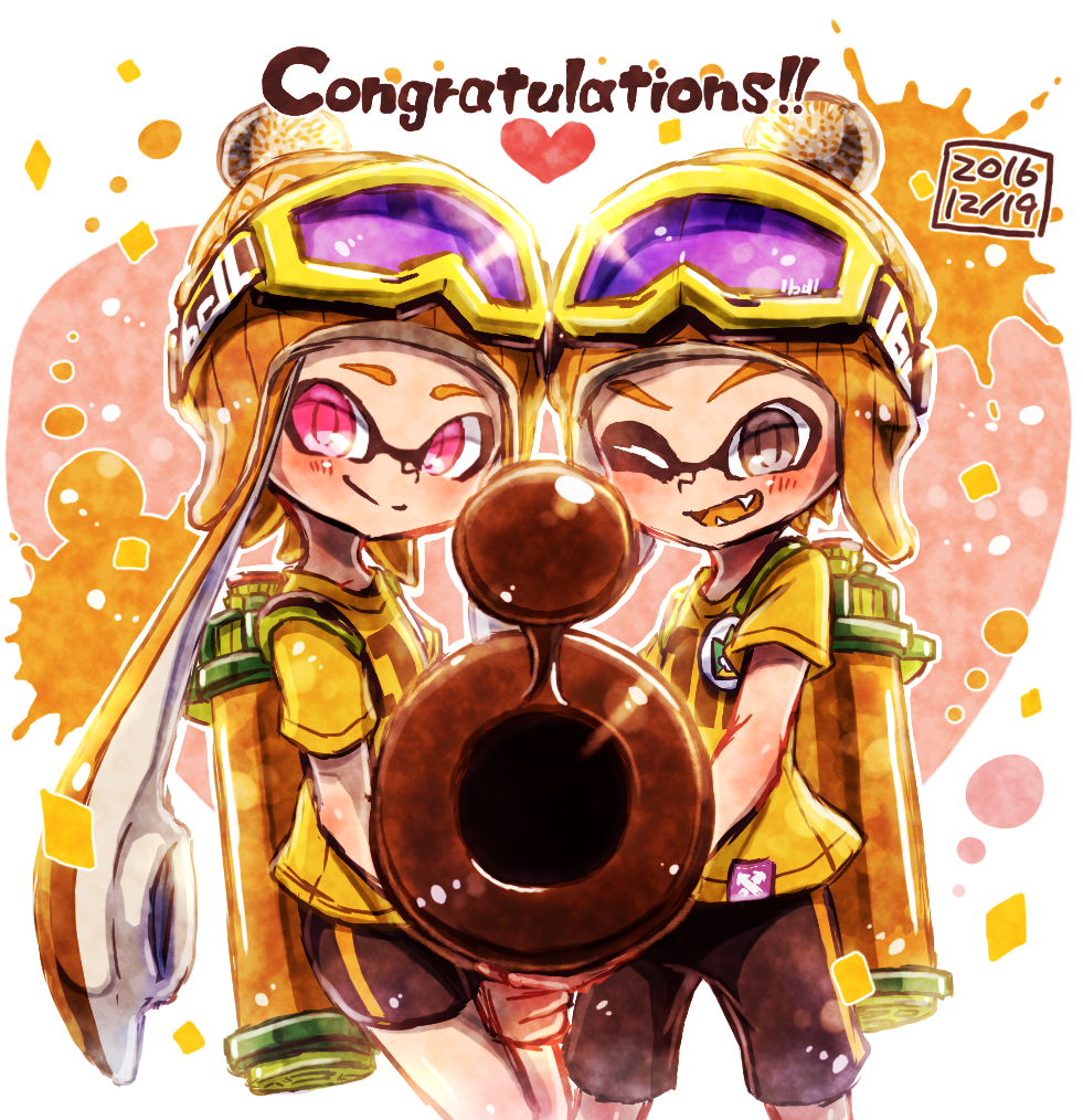 1girl, bangs, bike_shorts, black_shorts, blonde_hair, blunt_bangs, bobblehat, brown_eyes, closed_mouth, congratulations, dated, domino_mask, english, fangs, goggles, goggles_on_headwear, harutarou_(orion_3boshi), hat, heart, holding, holding_weapon, ink_tank_(splatoon), inkling, inkzooka_(splatoon), long_hair, looking_at_viewer, mask, open_mouth, paint_splatter, pointy_ears, print_shirt, red_eyes, shirt, short_hair, shorts, single_vertical_stripe, smile, splatoon, splatoon_1, standing, t-shirt, tentacle_hair, weapon, white_background, yellow_hat, yellow_shirt