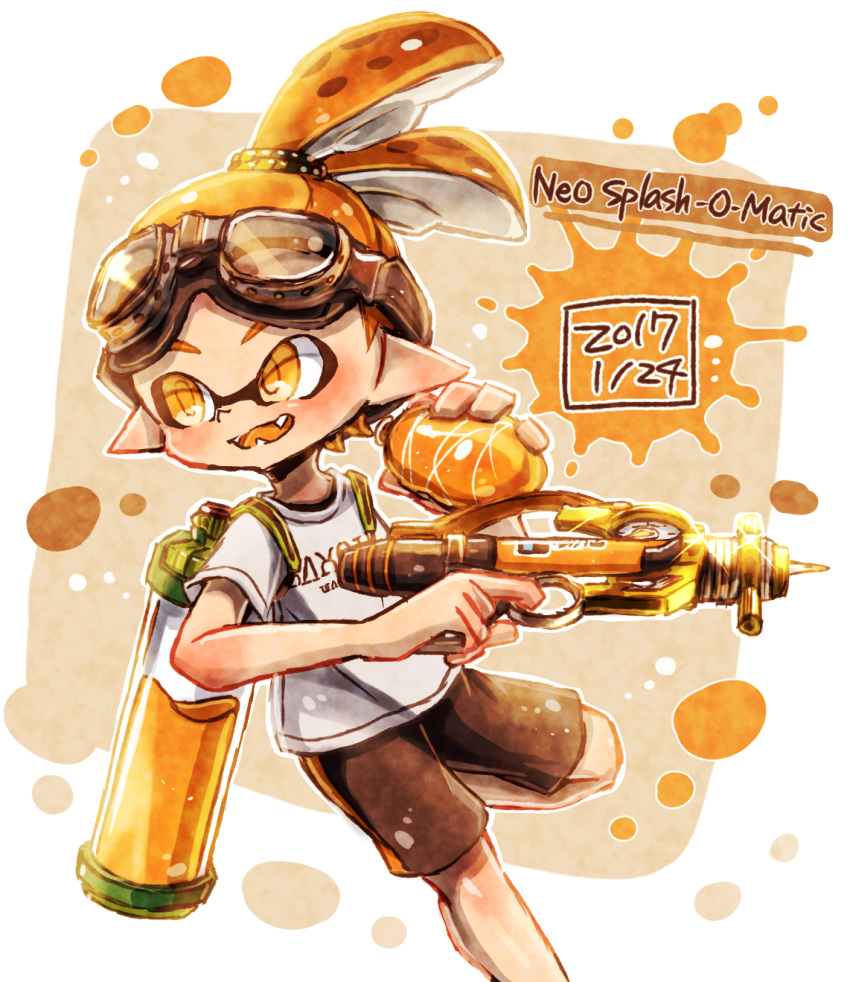 1boy, black_shorts, burst_bomb_(splatoon), dated, domino_mask, english, fangs, goggles, goggles_on_head, hair_slicked_back, harutarou_(orion_3boshi), highres, holding, holding_weapon, ink_tank_(splatoon), inkling, inkling_(language), looking_to_the_side, male_focus, mask, open_mouth, orange_eyes, orange_hair, orange_tongue, paint_splatter, pointy_ears, scrunchie, shirt, short_hair, short_sleeves, shorts, single_vertical_stripe, smile, solo, splash-o-matic_(splatoon), splatoon, splatoon_1, standing, standing_on_one_leg, t-shirt, tentacle_hair, topknot, weapon, white_shirt