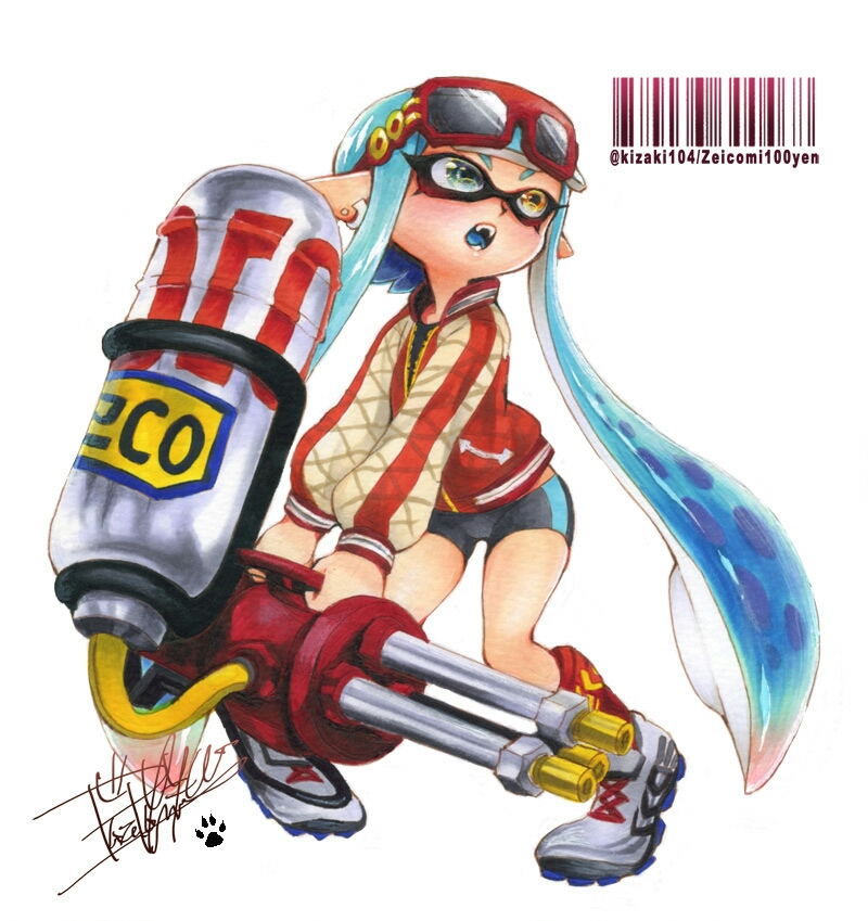 1girl, artist_name, bangs, barcode, bike_shorts, black_shorts, blue_hair, blue_tongue