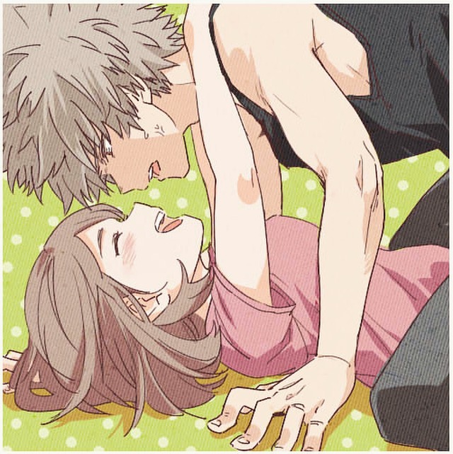 1boy, 1girl, anger_vein, arms_around_neck, bakugou_katsuki, boku_no_hero_academia, brown_eyes, brown_hair, closed_eyes, couple, happy, hetero, looking_at_another, open_mouth, otojirou, pinned, smile, sweatdrop, upper_body, uraraka_ochako