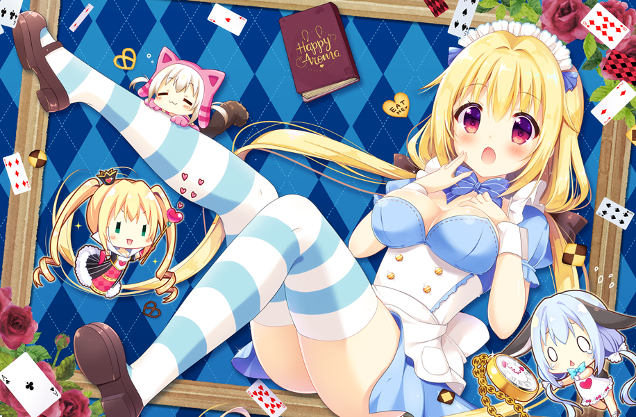 0_0, 4girls, :<, :3, :d, :o, =_=, ace_of_clubs, ace_of_hearts, alice_(wonderland), alice_in_wonderland, animal_ears, animal_hat, aoi_yun, apron, argyle, argyle_background, bangs, black_bow, blonde_hair, blue_background, blue_bow, blue_hair, blue_shirt, blue_skirt, blush, book, bow, breasts, brown_footwear, bunny_girl, bunny_tail, card, cat_ears, cat_hat, checkerboard_cookie, cheshire_cat, chibi, closed_eyes, closed_mouth, club_(shape), commentary_request, cookie, diamond_(shape), dress, eat_me, eyebrows_visible_through_hair, fingernails, flower, food, frilled_shirt, frills, green_eyes, hair_between_eyes, hair_bow, hair_ribbon, hand_to_own_mouth, hat, heart, heart_print, holding, holding_staff, long_hair, looking_at_viewer, low_twintails, maid_headdress, medium_breasts, multiple_girls, open_mouth, original, outstretched_arms, parted_lips, personification, playing_card, pocket_watch, pretzel, print_dress, puffy_sleeves, queen_of_hearts, rabbit_ears, red_eyes, ribbon, ringlets, rose, running, shirt, shoes, sidelocks, skirt, smile, spade_(shape), staff, striped, striped_bow, striped_legwear, tail, teardrop, thigh-highs, triangle_mouth, twintails, underbust, very_long_hair, waist_apron, watch, white_apron, white_dress, white_hair, white_rabbit, white_ribbon