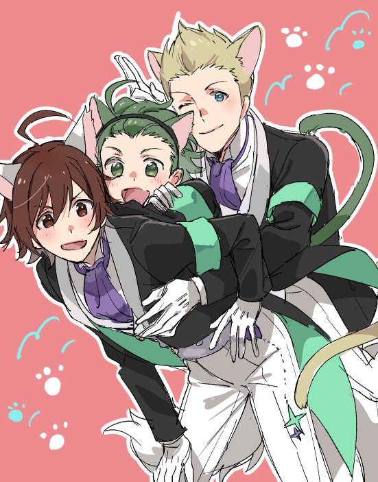 3boys, amagase_touma, animal_ears, bent_over, blonde_hair, blue_eyes, brown_hair, cat_ears