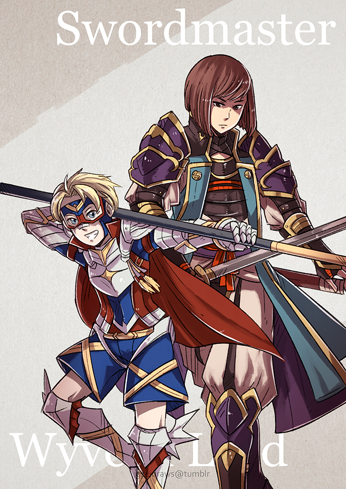 2boys, armor, blonde_hair, bob_cut, breastplate, brown_hair, cape, english