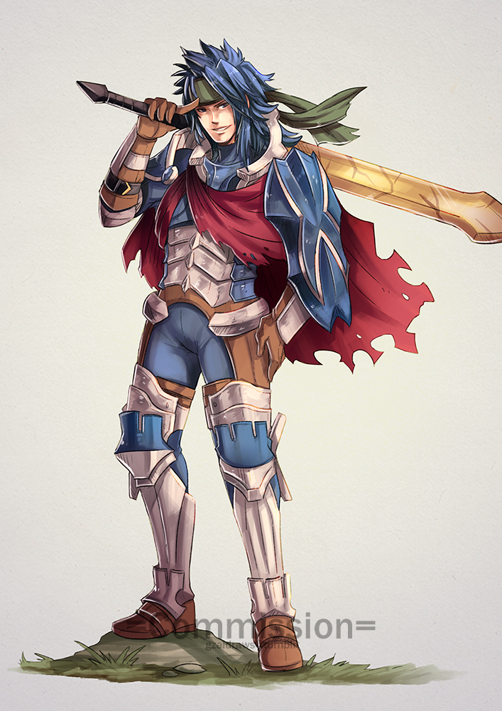 blue_hair, cape, fire_emblem, fire_emblem:_kakusei, full_body, gloves, grin, headband, holding, holding_sword, holding_weapon, one_eye_closed, priam, shield, smile, spiky_hair, sword, weapon