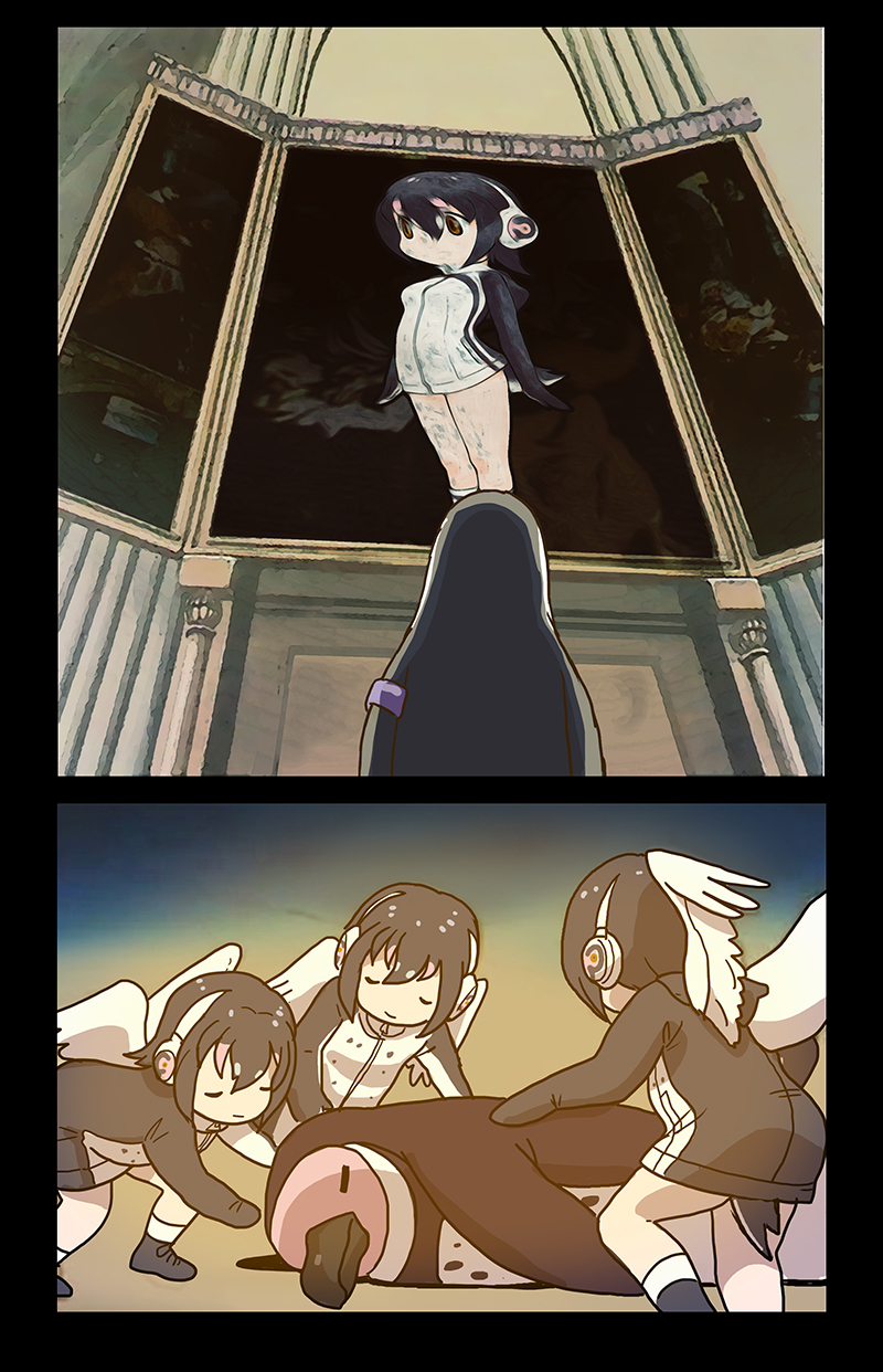 3girls, a_dog_of_flanders, angel_wings, animal, armband, bangs, beak, bent_over