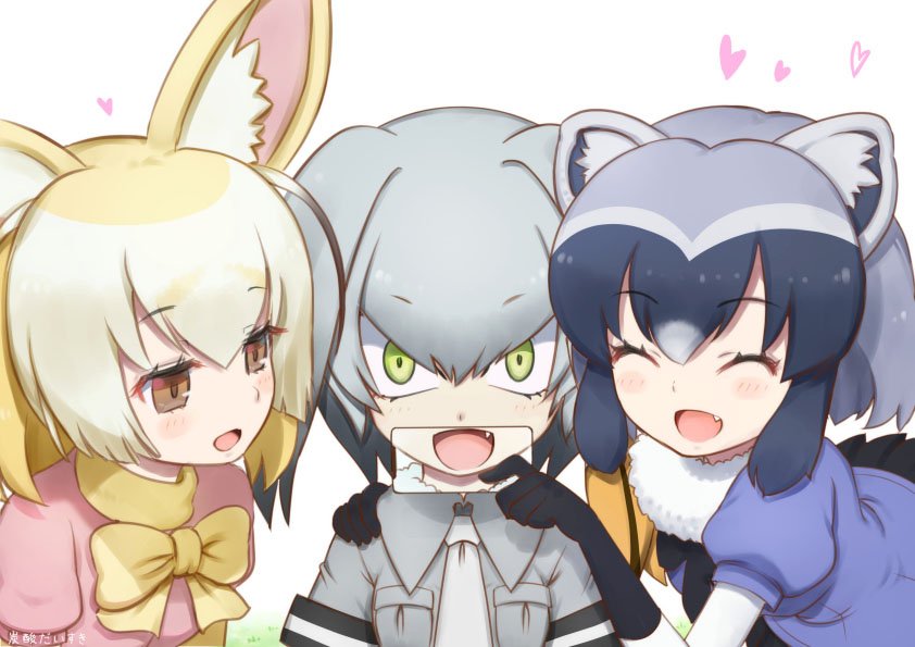 3girls, :d, ^_^, animal_ears, artist_name, black_gloves, black_hair, black_ribbon, black_skirt, blonde_hair, blue_shirt, blush, bow, breast_pocket, brown_eyes, closed_eyes, collared_shirt, commentary_request, common_raccoon_(kemono_friends), eyebrows_visible_through_hair, eyelashes, facing_viewer, fang, fennec_(kemono_friends), fox_ears, fur_collar, gloves, gradient_hair, green_eyes, grey_hair, grey_necktie, grey_shirt, hair_between_eyes, hand_on_another's_shoulder, hand_up, heart, iphone_x, jitome, jpeg_artifacts, kemono_friends, looking_at_another, looking_at_viewer, low_ponytail, multicolored_hair, multiple_girls, neck_ribbon, necktie, open_mouth, orange_hair, pink_sweater, pleated_skirt, pocket, puffy_short_sleeves, puffy_sleeves, raccoon_ears, reverse_x-ray, ribbon, sanpaku, shirt, shoebill_(kemono_friends), short_sleeve_sweater, short_sleeves, side_ponytail, simple_background, skirt, sleeve_cuffs, smile, sweater, tansan_daisuki, tsurime, two-tone_hair, upper_body, white_background, yellow_bow, |d