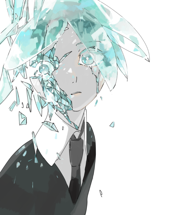 androgynous, aqua_eyes, aqua_hair, black_neckwear, black_shirt, broken, collared_shirt, colored_eyelashes, damaged, eyeball, eyebrows_visible_through_hair, eyelashes, eyes_visible_through_hair, gem, houseki_no_kuni, looking_at_viewer, necktie, nose, parted_lips, phosphophyllite, portrait, sanpaku, shirt, short_hair, simple_background, tears, toooka, white_background