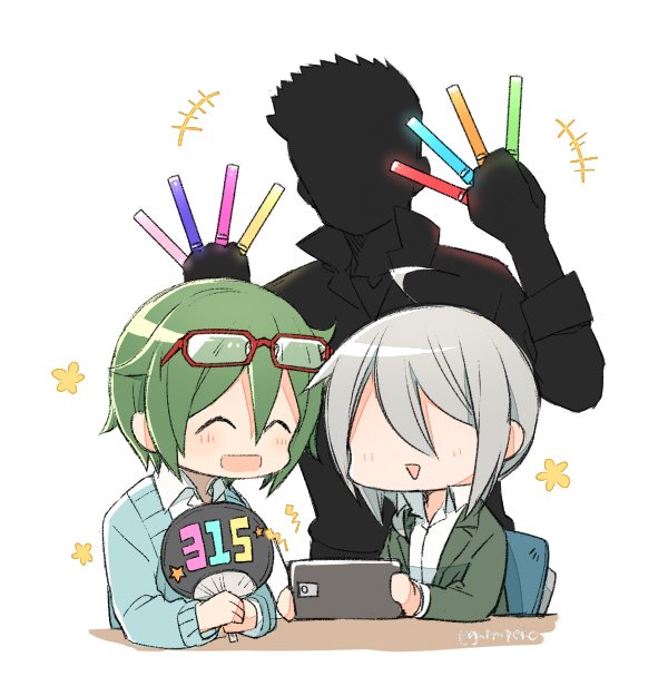1girl, 2boys, artist_name, cellphone, cheering, faceless, faceless_female, fan