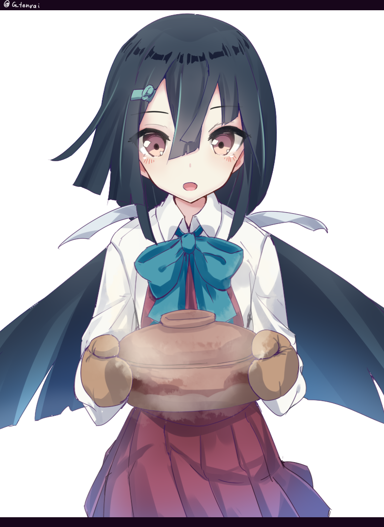 1girl, bangs, black_border, black_hair, blue_ribbon, blush, border, eyebrows_visible_through_hair