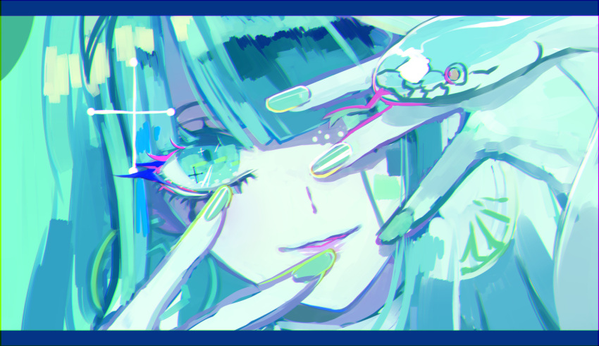 1girl, 7wata_himori, animal, aqua_background, aqua_nails, bangs, blue, blue_eyes