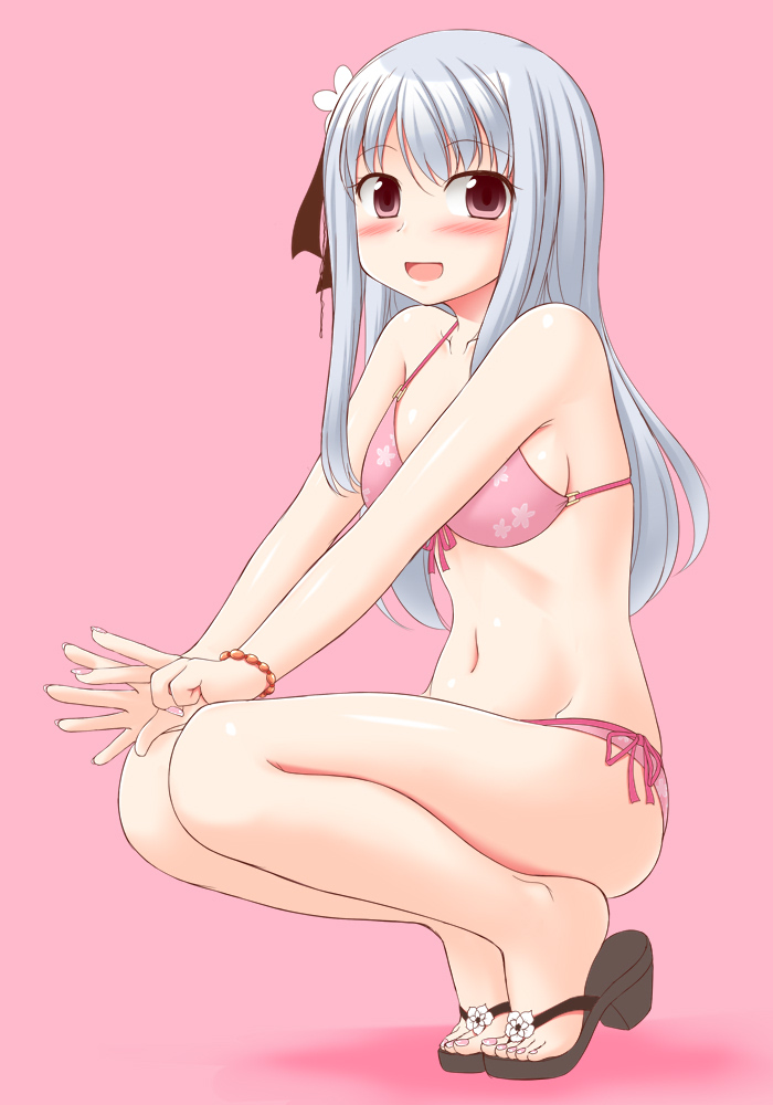 1girl, bangs, bikini, blunt_bangs, bracelet, breasts, feet, full_body