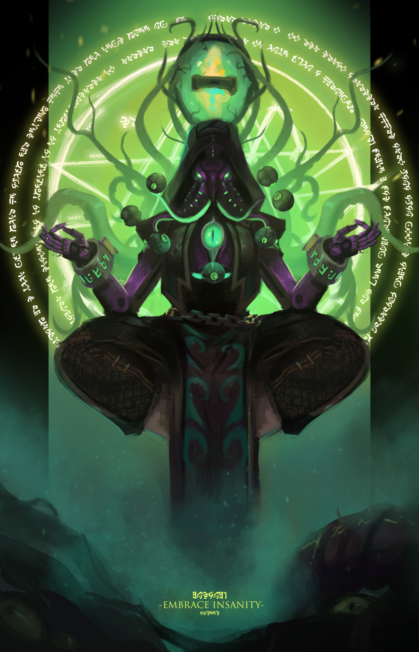 1boy, absurdres, alternate_costume, commentary, cthulhu_mythos, cultist_zenyatta, extra_eyes, floating, green_eyes, highres, hood, humanoid_robot, lotus_position, magic_circle, mothman_(the_m0thman), omnic, overwatch, pelvic_curtain, purple_skin, solo, tentacle, zenyatta_(overwatch)