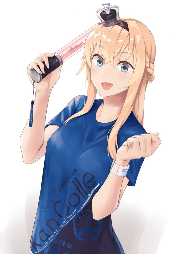 1girl, blonde_hair, blue_eyes, braid, commentary_request, crown, french_braid, hands_up