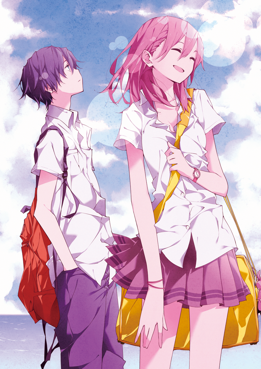 1boy, 1girl, :d, ^_^, backpack, bag, bangs, blue_hair