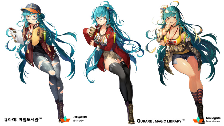 1girl, ahoge, baseball_cap, black_legwear, blue-framed_eyewear, blue_hair, blush, boots