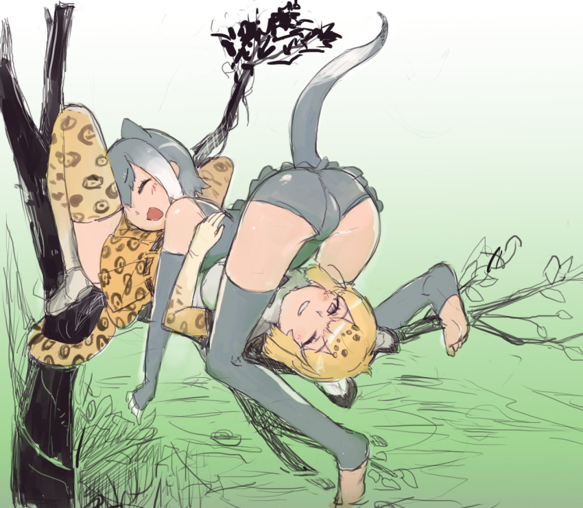 2girls, ass, blush, elbow_gloves, fingerless_gloves, frilled_swimsuit, frills, fur_collar