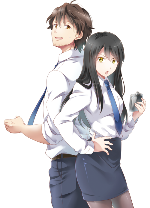 1boy, 1girl, aldnoah.zero, belt, black_hair, black_legwear, black_pants, black_skirt