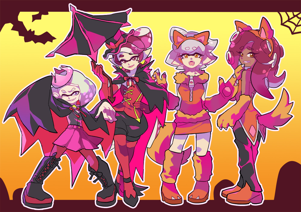 4girls, animal_ears, callie_(splatoon), cape, dark_skin, fake_animal_ears, fangs, gomipomi, halloween, halloween_costume, looking_at_viewer, marie_(splatoon), marina_(splatoon), mole, mole_under_eye, mole_under_mouth, multiple_girls, open_mouth, pearl_(splatoon), pointy_ears, skirt, smile, splatoon, splatoon_(series), splatoon_2, symbol-shaped_pupils, tail, tentacle_hair, thigh-highs, vampire, werewolf, wolf_ears, wolf_tail, wong_ying_chee