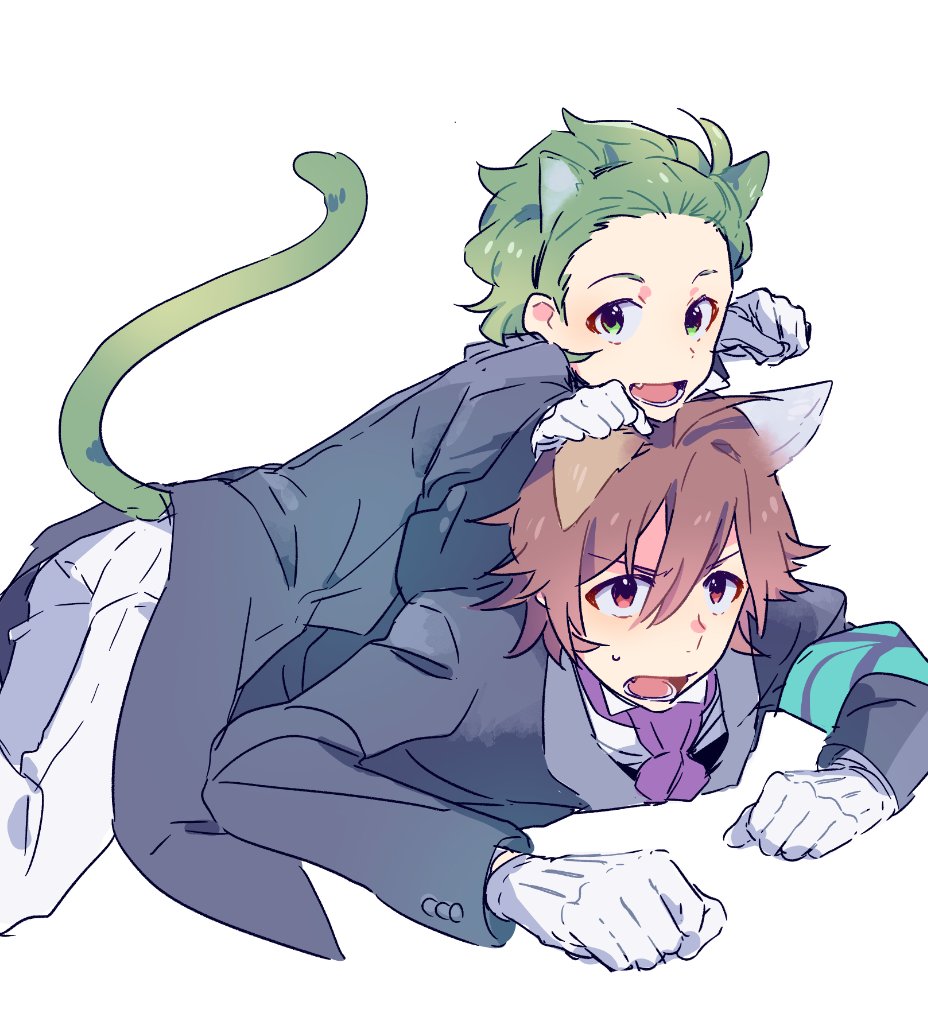 2boys, amagase_touma, animal_ears, armband, brown_eyes, brown_hair, cat_ears, cat_tail, dogpile, gloves, green_eyes, green_hair, idolmaster, idolmaster_side-m, kemonomimi_mode, looking_at_viewer, mitarai_shouta, multiple_boys, namco_namja_town, open_mouth, paw_pose, reo_(pixiv_1466910), simple_background, tail, white_background, white_gloves