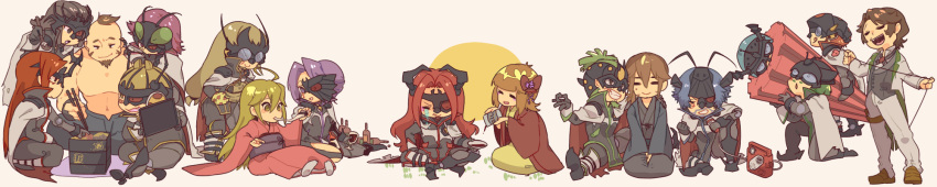 6+boys, :d, =_=, ahoge, bangs, blue_hair, blunt_bangs, bottle, breakblack, brown_hair, character_request, chopsticks, cup, drinking_glass, facial_hair, formal, goatee, green_hair, grin, highres, japanese_clothes, kimono, long_image, multiple_boys, obentou, oil, open_mouth, pants, purple_hair, redhead, sakazuki, seiza, short_hair, sitting, smile, suit, sweatdrop, swept_bangs, thigh_strap, topless, wide_image, wine_bottle, wine_glass, yoru_no_yatterman