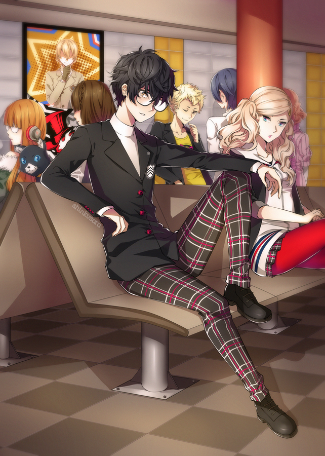 10s, 3boys, 3girls, akechi_gorou, black_hair, blonde_hair, blue_hair, brown_hair, fur_trim, glasses, headphones, jacket, kitagawa_yuusuke, kurusu_akira, long_hair, morgana_(persona_5), niijima_makoto, okumura_haru, orange_hair, persona, persona_5, sakamoto_ryuuji, sakura_futaba, school_uniform, shinkusora, short_hair, smile, takamaki_anne, twintails