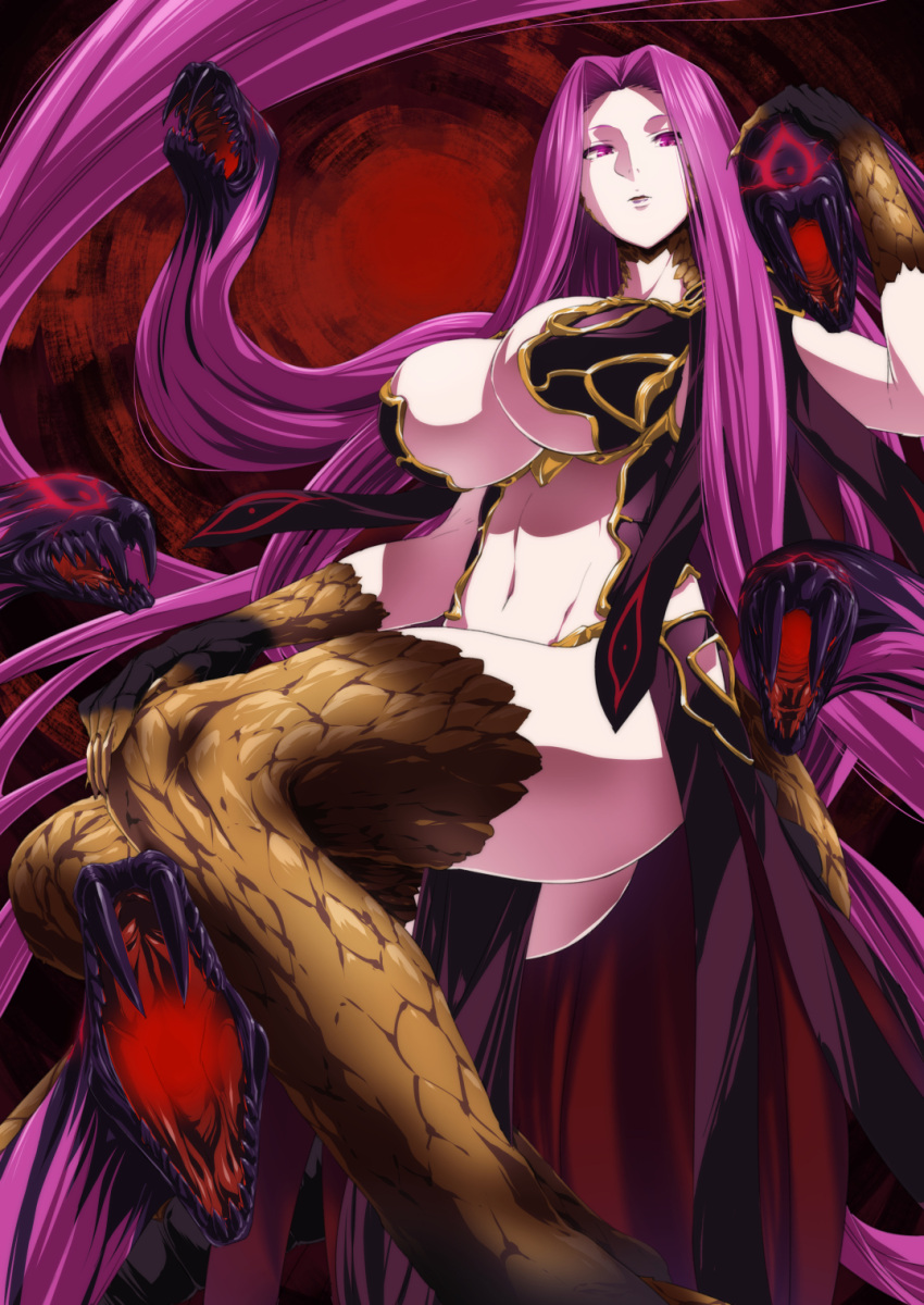 1girl, absurdly_long_hair, breasts, claws, cleavage, curvy, expressionless, fangs