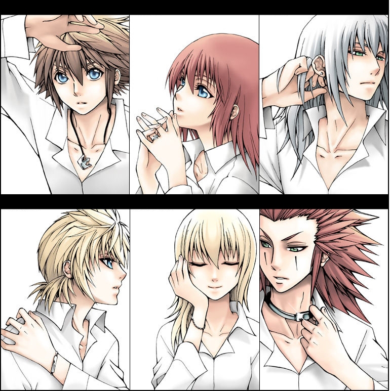 axel_(kingdom_hearts), blonde_hair, blue_eyes, dress, eguana, kairi_(kingdom_hearts), kingdom_hearts, kingdom_hearts_ii, multiple_boys, multiple_girls, namine, organization_xiii, riku, roxas, short_hair, sora_(kingdom_hearts), white_dress
