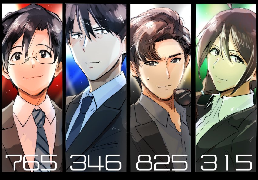 4boys, ahoge, beady_eyes, black_border, black_neckwear, border, brown_hair, formal